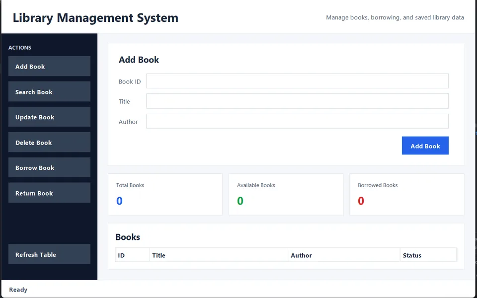 Library Management System window with the actions sidebar, add-book form and book statistics