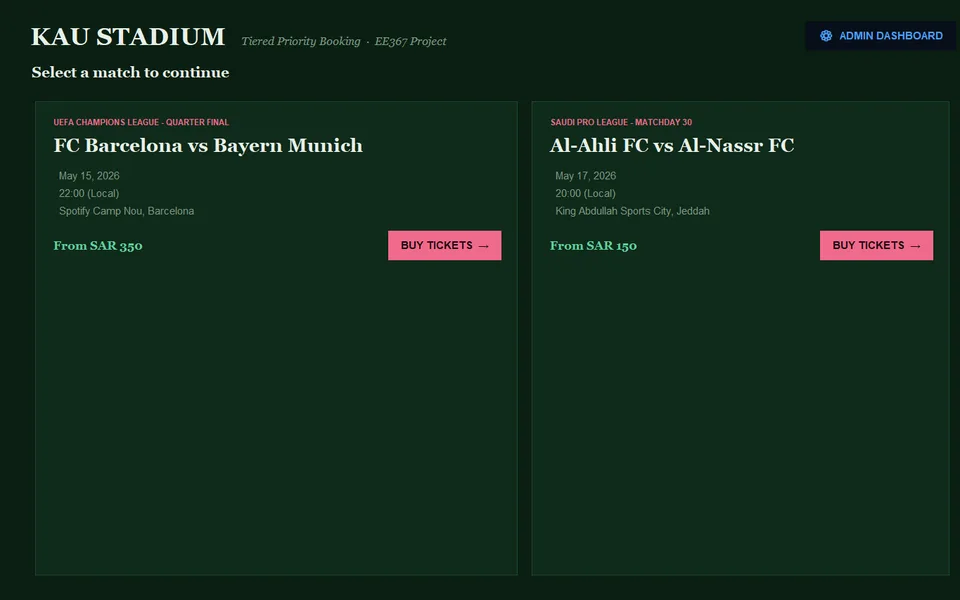 Match Ticket Booking System match selection screen listing two upcoming matches with ticket prices