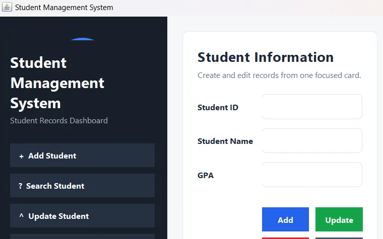 Student Management System window with the navigation sidebar and the student information form